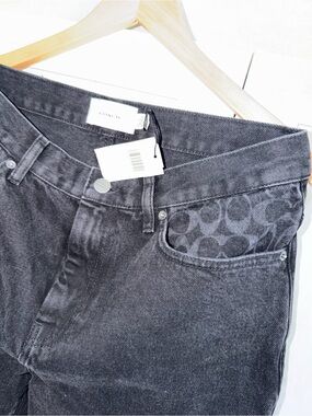 Coach Straight Fit Black Washed Jeans with Signature Logo Pocket
